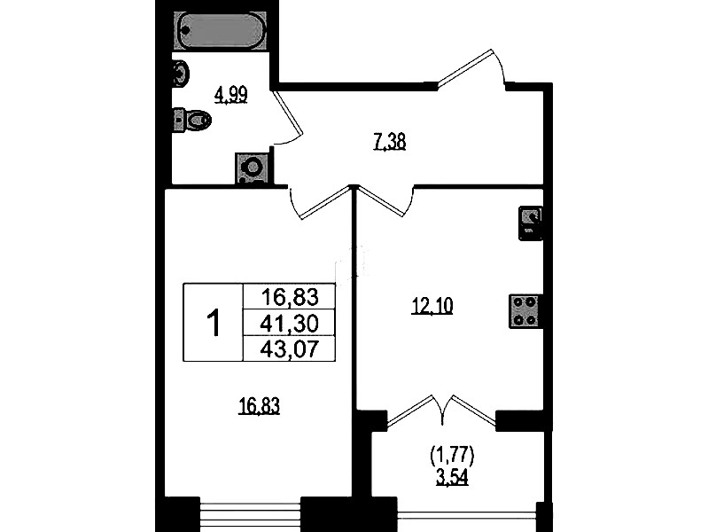 1-комнатная квартира 43.07 м², 1/4 эт., ЖК «Ranta Residence»